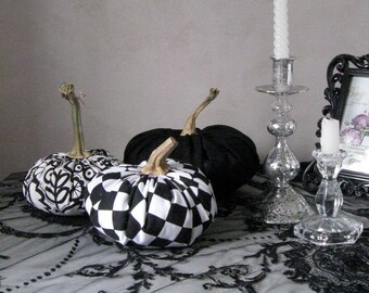 Black pumpkin Fall decor Textile check pumpkin Autumn French country centerpiece Black White wedding decor Halloween decor Thanksgiving