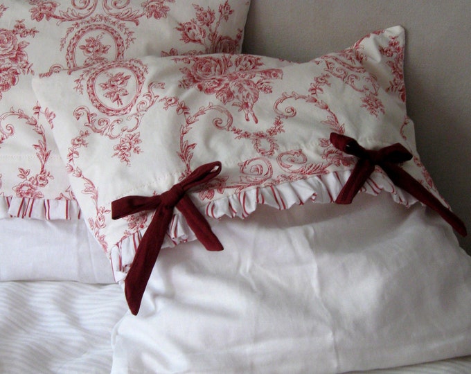 Red Toile De Jouy Pillow Cover Cabbage and Roses Pillow Cover Etsy