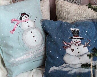 Blue Christmas pillow cover Snowman pillow Christmas nursery decor Hand painted pillow Shabby chic Christmas Cottage Winter Holiday pillow