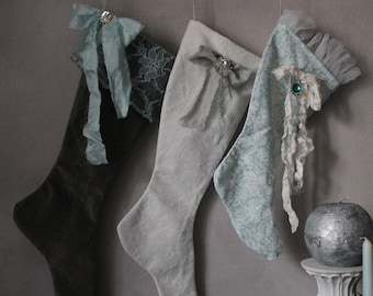 Gray Velvet Christmas stocking White Shabby chic Christmas decorations Antique style French Country Christmas Heirloom Vintage stocking
