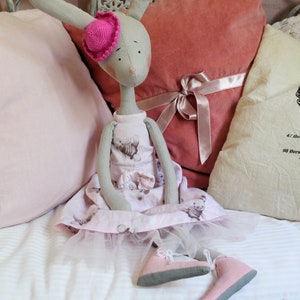 Handmade Dressed Bunny doll in pink hat and dress OOAK French style stuffed rabbit Textile hare Soft toy Unique Gift for girl Nursery decor