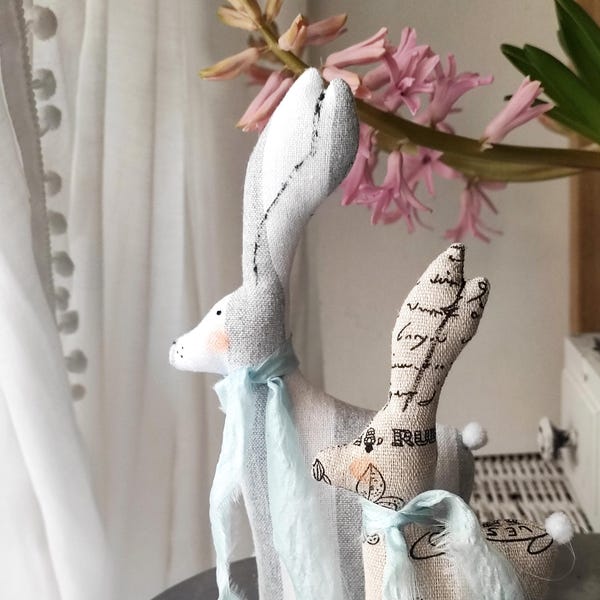 French country cottage Rabbit Shelf decor Shabby chic White gray Vintage print Handmade Textile bunny Soft sculpture