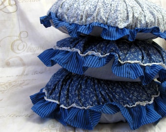 Summer Farmhouse decor Country cottage round ruffle pillows Blue floral Handmade Cotton throw pillows