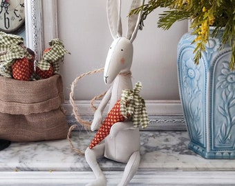 Bunny rabbit with a carrot Primitive Shelf sitter Handmade Textile rabbit Stuffed hare Farmhouse Country cottage decor bunny Easter rabbit