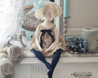 Antique style art doll Shabby chic decor Blond doll Vintage style doll in beige dress Handmade Collectible Textile doll French country decor