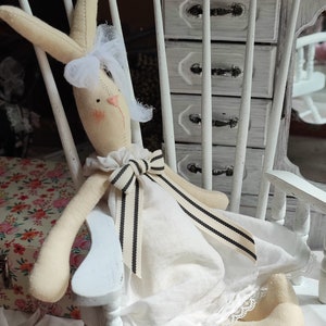 Little bunny doll in white dress Handmade Textile bunny rabbit Tilda bunny Vintage style nursery Shabby chic bunny Soft bunny Gift for girl bunny in white