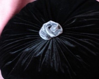 Round Black Velvet pillow with gray rose French chic pillow Boho decor Handmade throw pillow sham