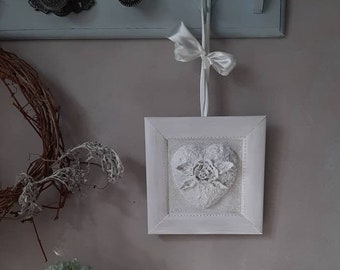 Shabby chic wall decor French country chic decor White Heart wall hanging Vintage cottage Paper mache Rose hanging Unique Gift for her