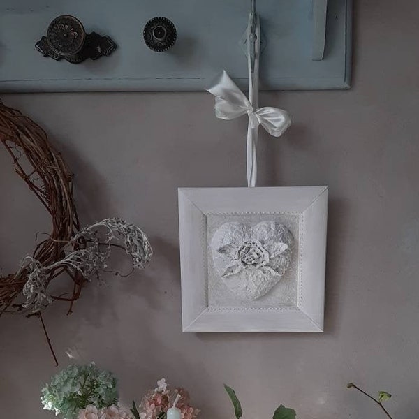 Shabby chic wall decor French country chic decor White Heart wall hanging Vintage cottage Paper mache Rose hanging Unique Gift for her