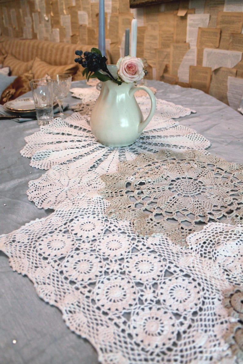 Summer Wedding table runner made from Crocheted doilies OOAK Handmade Shabby chic Cottage decor 80 inches (204cm) image 9