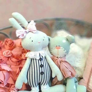 Bunny Handmade Cloth doll French country nursery Vintage style Gift for a baby shower Mint Soft bear Little girls toy Shabby chic decor