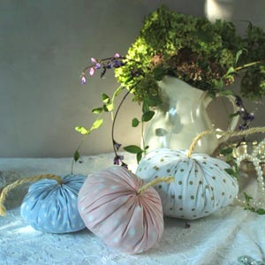 Textile pumpkins Shabby chic Fall decor Pastel pumpkins Handmade Pink blue Polka dot pumpkins French country cottage Mantel Autumn decor