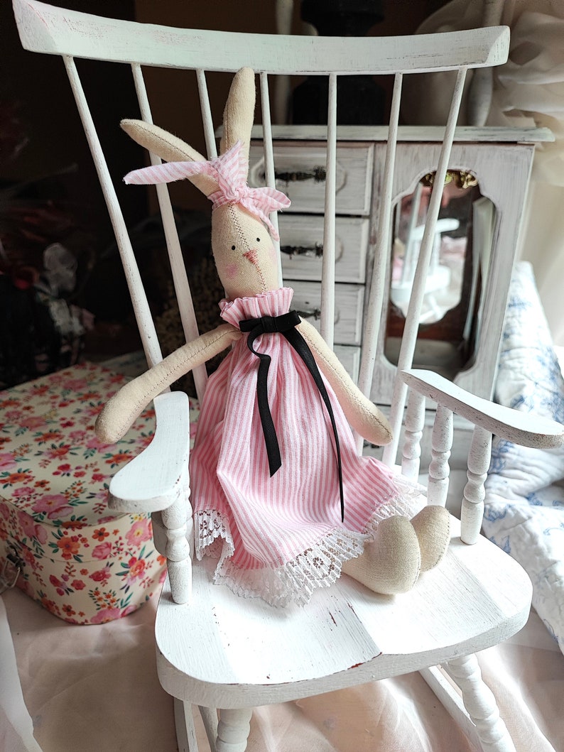 Little bunny doll in white dress Handmade Textile bunny rabbit Tilda bunny Vintage style nursery Shabby chic bunny Soft bunny Gift for girl bunny in stripy pink