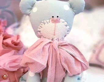 Handmade Bear Soft toy Plushy Bunny Textile Doll, Antique style French Country Nursery Decor