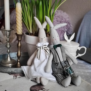 Fabric Bunny doll Soft toy Tilda bunny Easter decor Vintage style drummer rabbit Cloth hare doll Handmade stuffed Bunny Gift for little girl