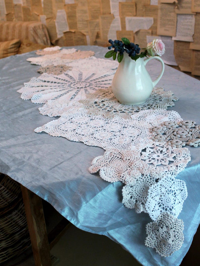 Summer Wedding table runner made from Crocheted doilies OOAK Handmade Shabby chic Cottage decor 80 inches (204cm) image 8
