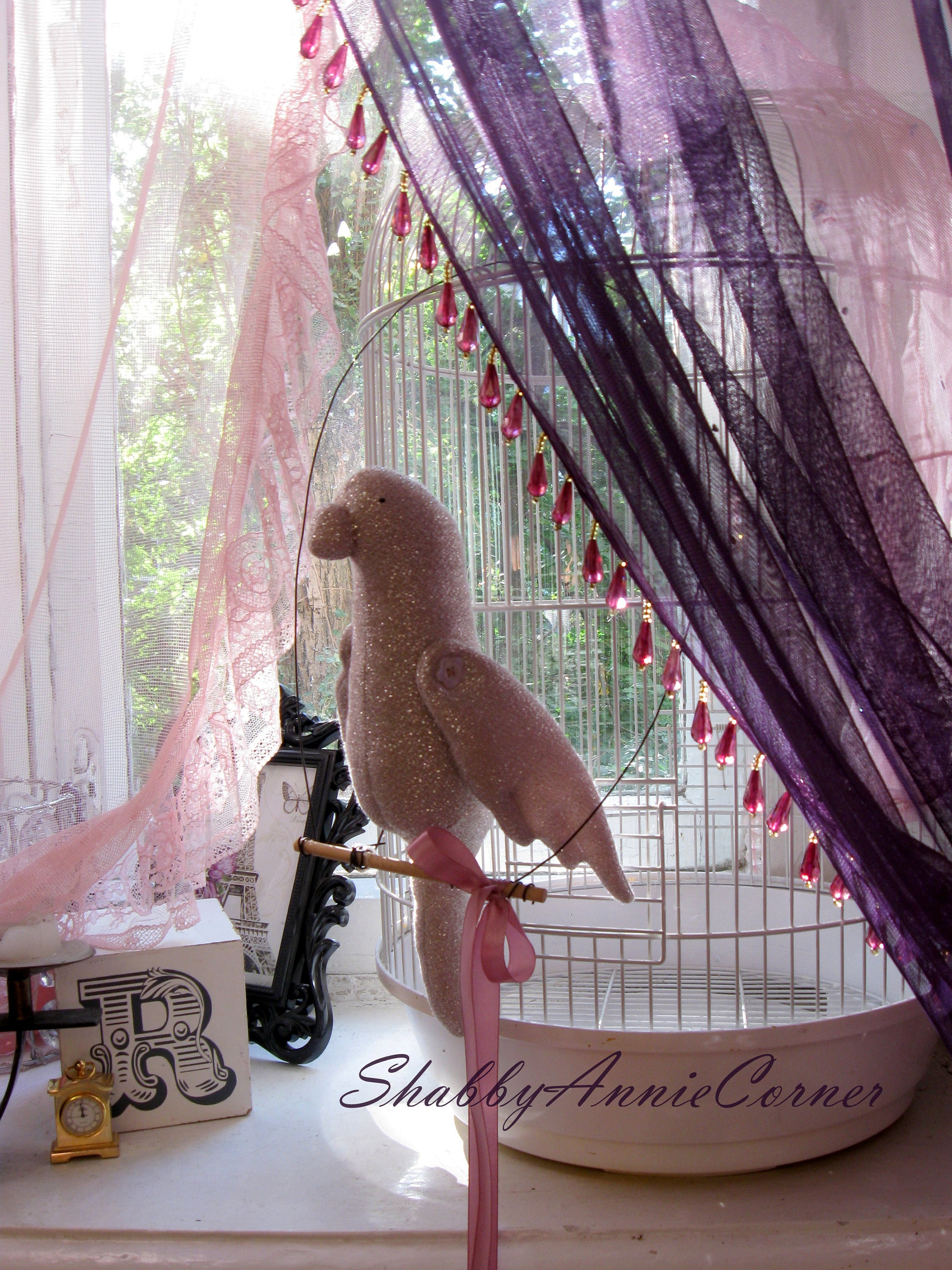 Pink Shabby Chic Bird Hanging Sparkly Cockatiel On Perch Swinging Parrot Cockatoo Baby Mobile Macaw Shower Gift