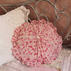 Country cottage Pink floral round pillow with ruffle Cotton Round pillows Natural Handmade pillows Farmhouse decor Girls nursery decor image 3