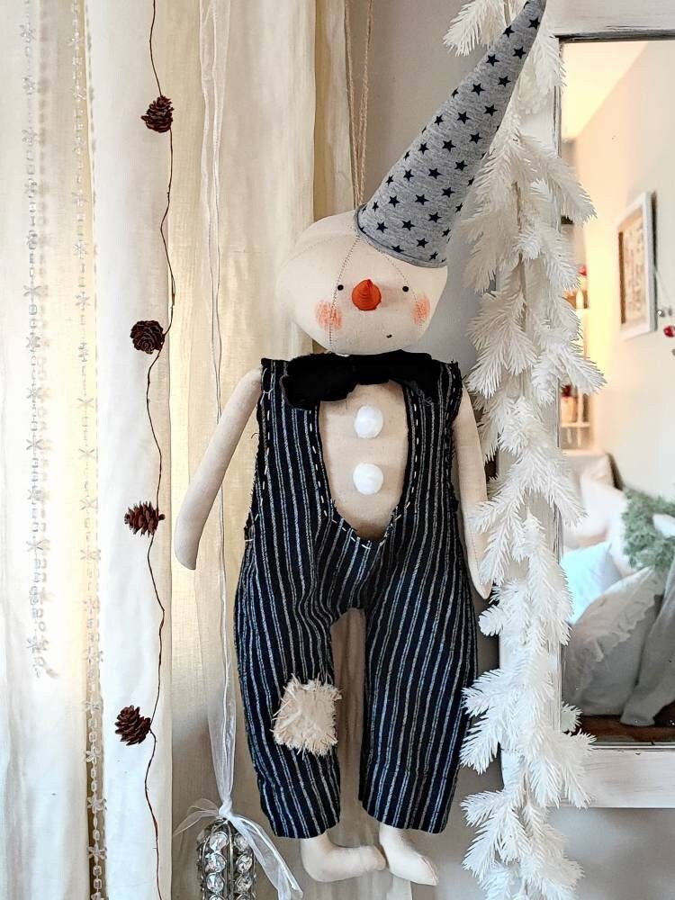 Large Textile Snowman Doll: Vintage Shabby Chic Christmas Decor