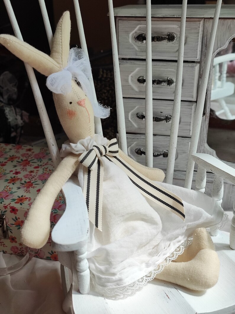 Little bunny doll in white dress Handmade Textile bunny rabbit Tilda bunny Vintage style nursery Shabby chic bunny Soft bunny Gift for girl bunny in white