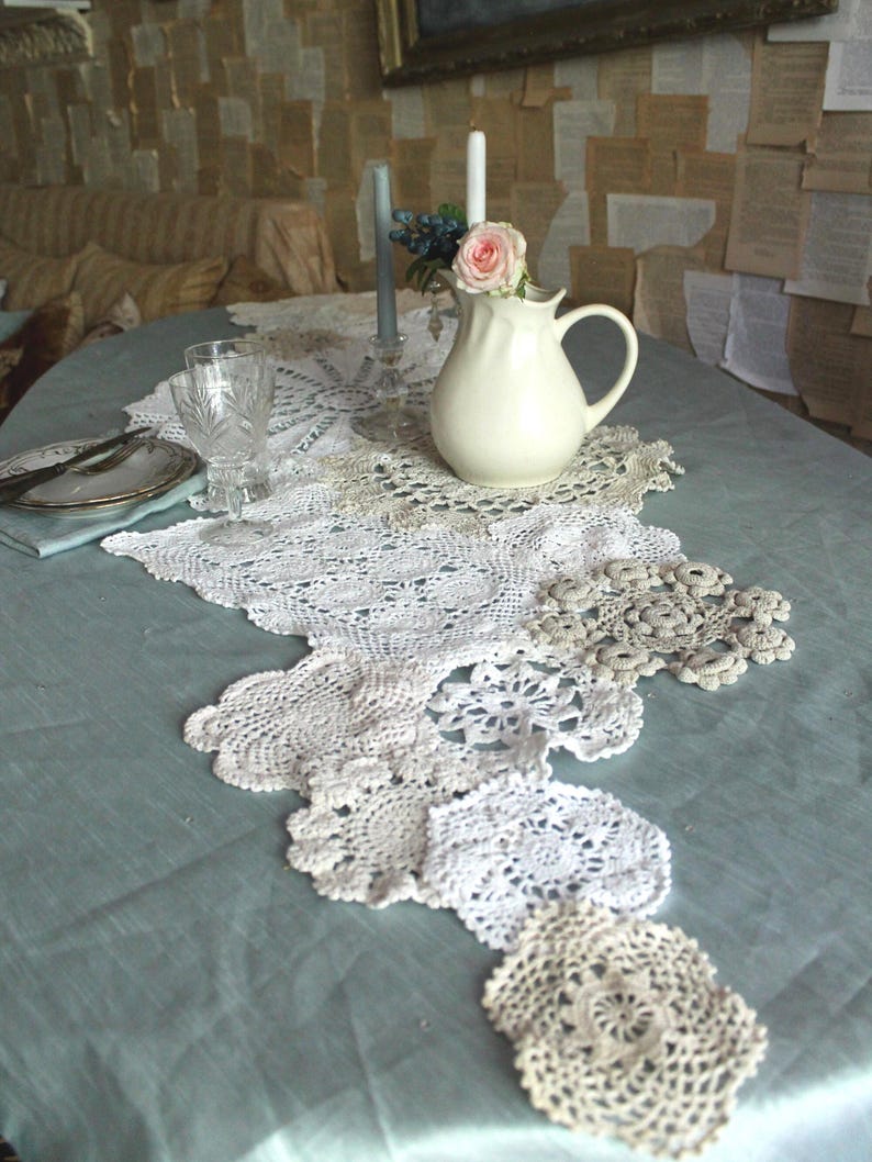Summer Wedding table runner made from Crocheted doilies OOAK Handmade Shabby chic Cottage decor 80 inches (204cm) image 3