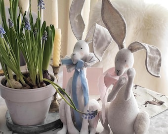 Textile Bunny Rabbit Art dolls Handmade White Shabby Chic French Country Decor