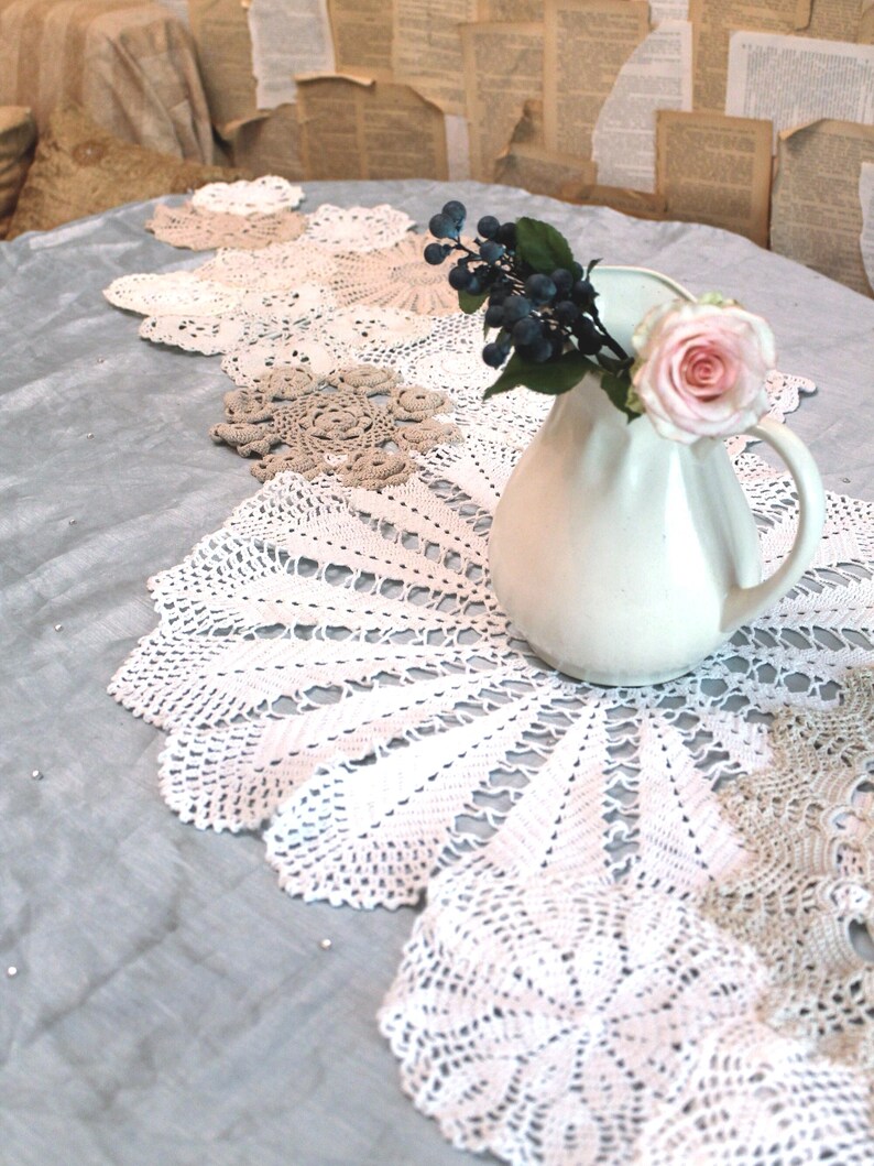 Summer Wedding table runner made from Crocheted doilies OOAK Handmade Shabby chic Cottage decor 80 inches (204cm) image 2