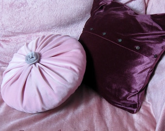 Pink Velvet Round Pillow with Gray Rose Accent - Shabby Chic Decor, Burgundy velvet pillow