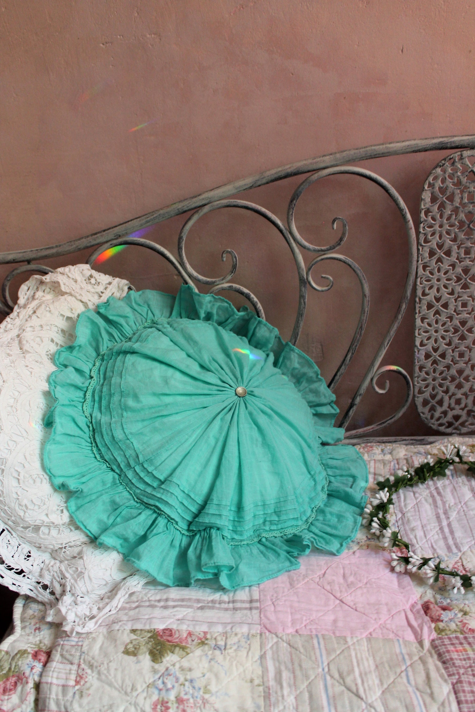 Pink Floral Round Pillow With Ruffle Cotton Round Pillows Etsy