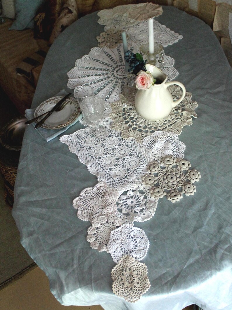 Summer Wedding table runner made from Crocheted doilies OOAK Handmade Shabby chic Cottage decor 80 inches (204cm) image 6