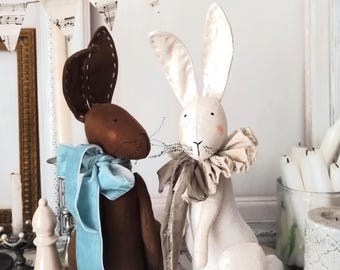 Bunny Rabbit Art doll White Shabby chic Spring Easter Textile Soft sculpture Brown Blue Hare French country Farmhouse cottage decor