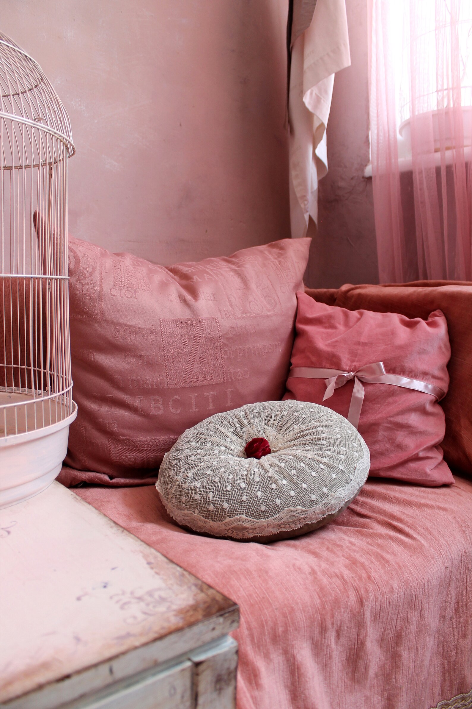 Round Velvet Pillow Olive Velvet Lace Pillow French Chic Etsy