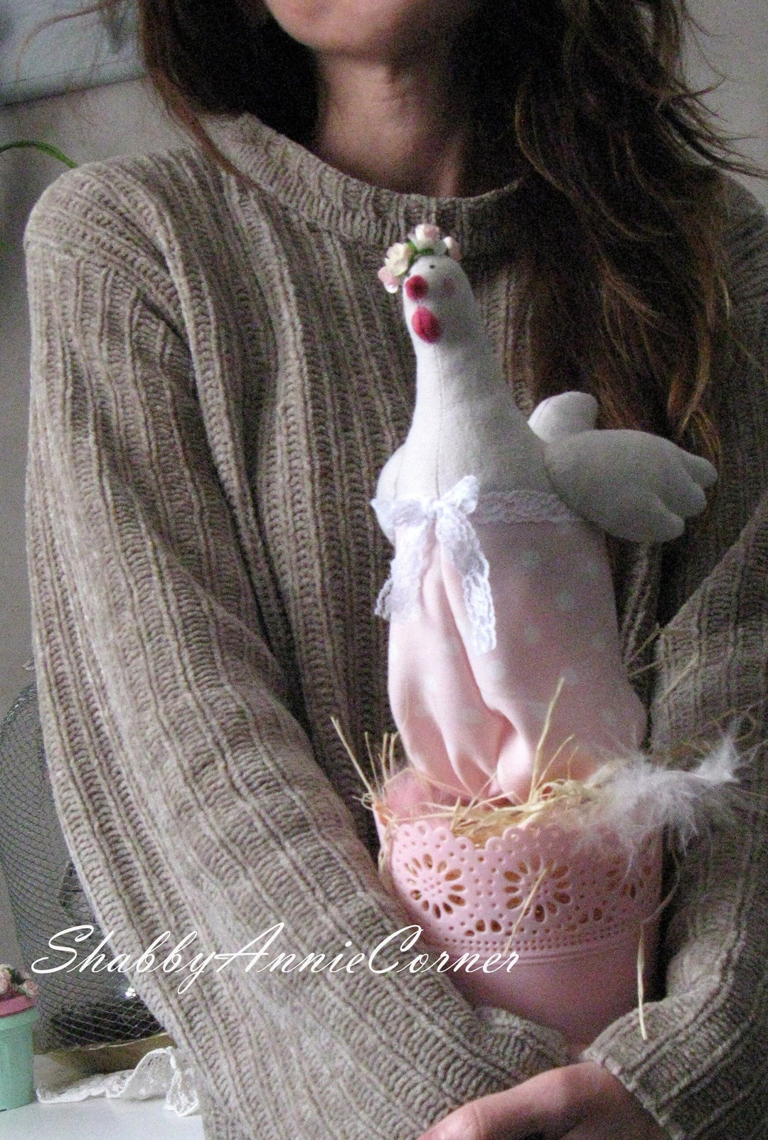 Tilda Chicken in Flower Pot Pink Shabby Chic Decor Handmade Decorative ...
