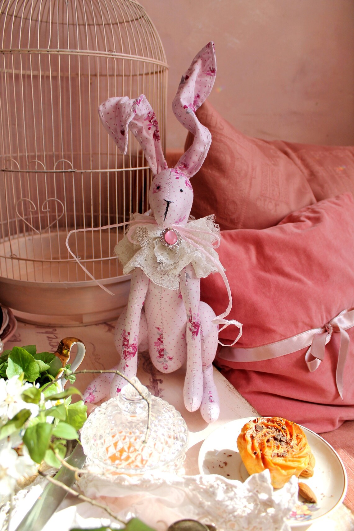 Pink Rabbit decor Shabby chic rabbit Antique style rabbit doll Etsy