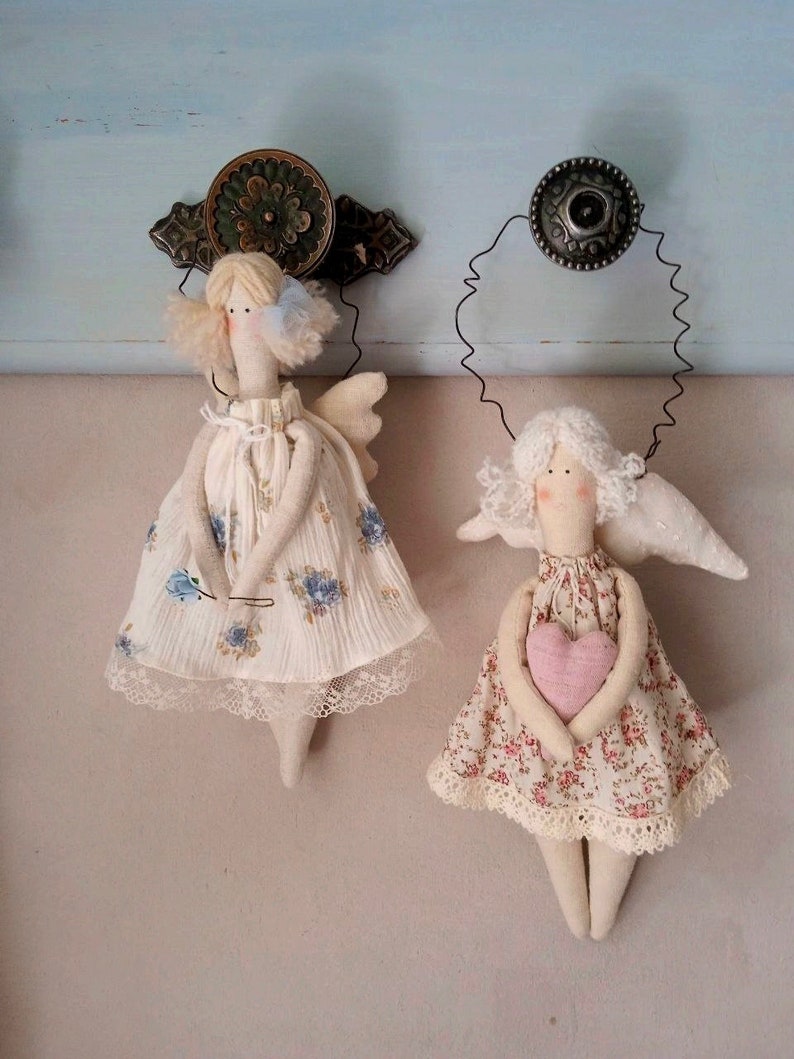 Summer decor Country Cottage Hanging Angel doll Tilda angel Handmade Textile angel Shabby chic decor Nursery Angel door hanging Blue roses image 1