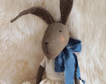 Brown Bunny doll in Beige blue dress Shabby chic Handmade Vintage inspired Textile Heirloom Soft Rabbit Cloth doll