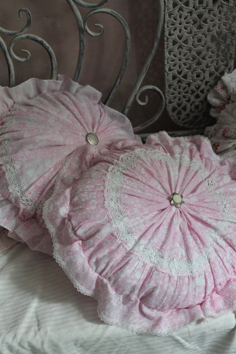 Pink floral round pillow with ruffle Shabby chic decor French Country cottage Cotton Round pillows Natural Handmade pillows Farmhouse decor image 1