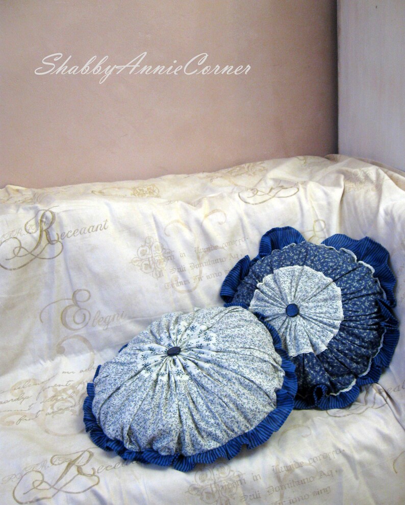 White Blue Round Pillow Covers Ruffle Round Pillows Floral Etsy