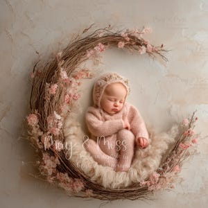 May include: A newborn baby in a pink knitted outfit and bonnet rests inside a crescent-shaped floral wreath. The wreath is made of twigs and adorned with pink flowers. The baby is nestled on a bed of fluffy, cream-colored material.