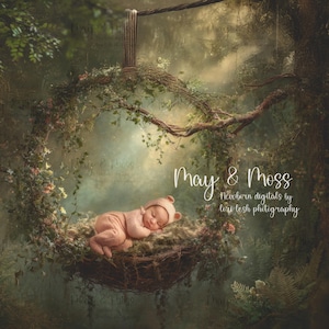 May include: A baby in a pink outfit and bear hat sleeps in a hanging nest of twigs and foliage. The nest is suspended from a tree branch, creating a whimsical scene. The image has the text "May & Moss" and "Newborn digitals by Lori lesh photography".
