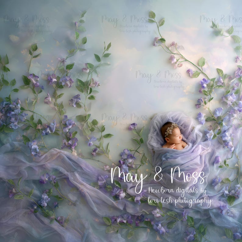 May include: A newborn baby wrapped in a lavender fabric, adorned with a floral crown, rests peacefully. The backdrop features a soft, dreamy scene with purple flowers and the text "May & Moss" and "Newborn digitals by lori lesh photography".