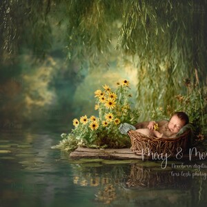 Op de afbeelding: Een pasgeboren baby rust in een gevlochten rieten mand op een houten platform bij een vijver. De scène bevat gele zonnebloemen, groen gebladerte en wilgentakken. De tekst "Phay & Moss Newborn digitals by lori lesh photography" is zichtbaar.