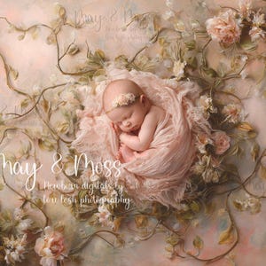 May include: A newborn baby wrapped in a soft pink blanket, nestled among delicate peach-colored flowers and green vines. The background is a soft, painted texture with the words "May & Moss" and "Newborn digitals by leu lesh photography".