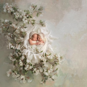 May include: A newborn digital backdrop featuring two sleeping babies nestled in a white fabric nest, surrounded by white blossoms and green leaves. The image has a soft, pastel color palette with the text "May & Moss" and "Newborn digitals by firefly photography".