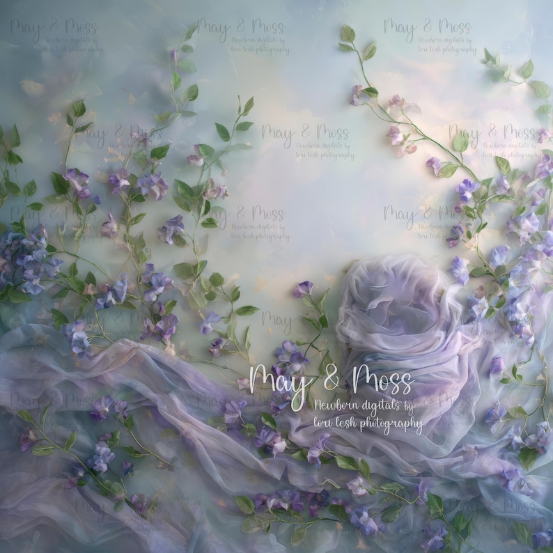 May include: A newborn digital backdrop featuring a soft, pastel color palette. The image showcases a draped fabric nest, surrounded by delicate purple flowers and green foliage. The text "May & Moss" is visible.