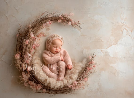 The Blush Moss Moon for May |Fine-Art Digital Background for Newborn Photography | Painterly Neutral Moon Nest Scene | May & Moss