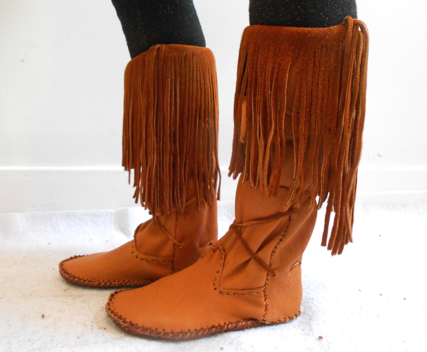 Tall Fringe Moccasin Boots Handmade Leather Mocs Natural Elk Etsy
