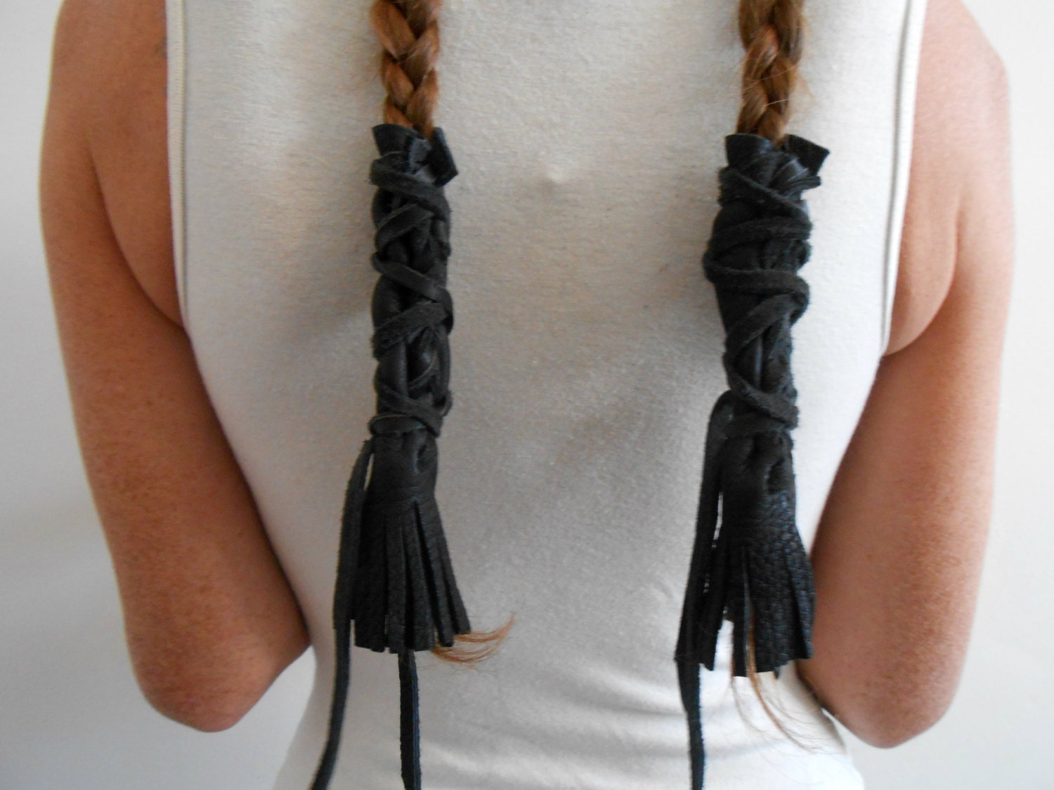 Black Leather Braid Wraps with Fringe Handmade Powwow Etsy