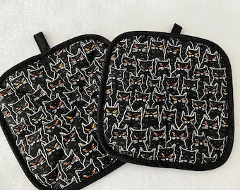 Halloween Hot Pads/Pot Holders, Set of 2 Black Cat Hot Pads, Reversible