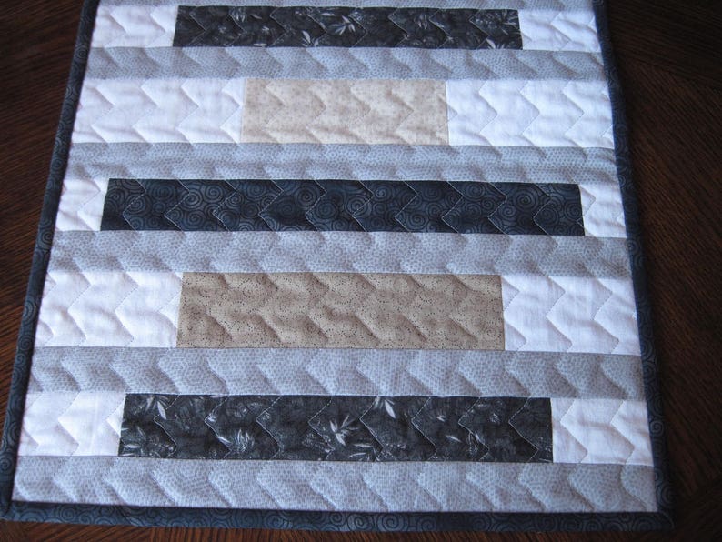 Black Tan Stripes Elegant Neutral Quilted Table Runner Gray